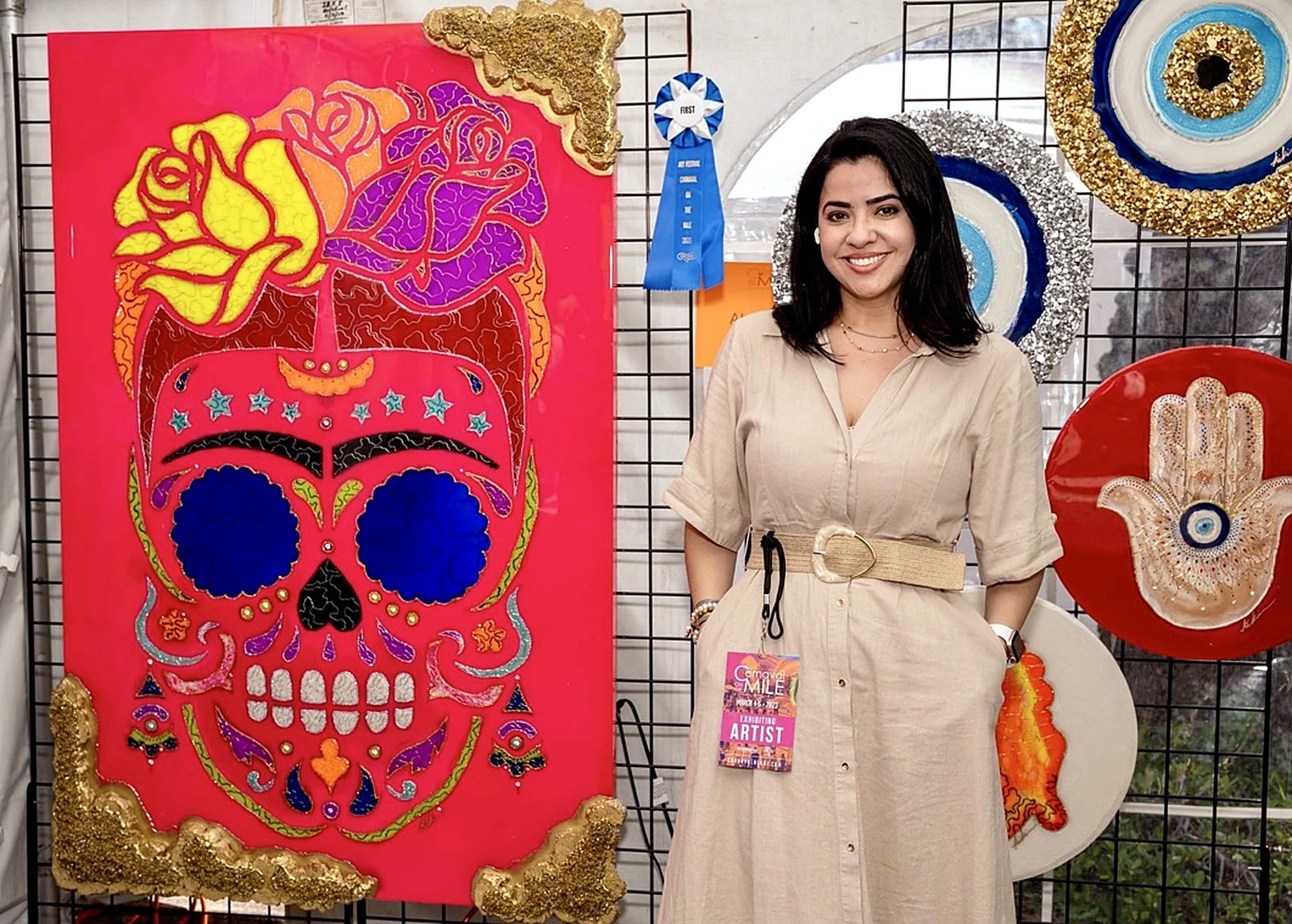 Kirenia Álvarez next to her Catrina, First Place in the Mixed Media Category at Carnaval on the Mile 2023 — luxury epoxy resin art by KIKI by Kirenia Alvarez, Miami